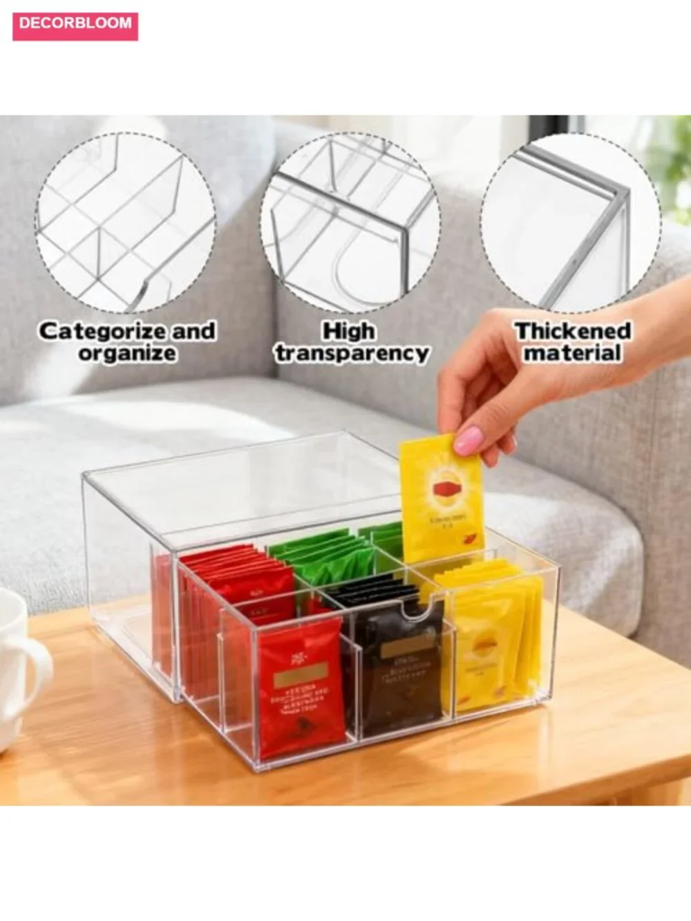 Clear Acrylic Tea Bag Organizer with 9 Compartments Stackable Drawer Storage Box